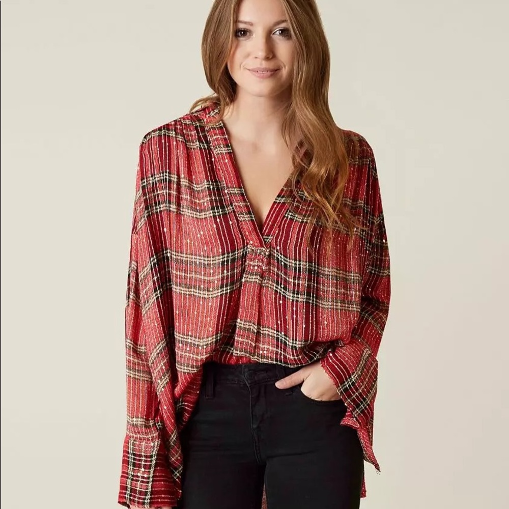 Free People Red Plaid Blouse